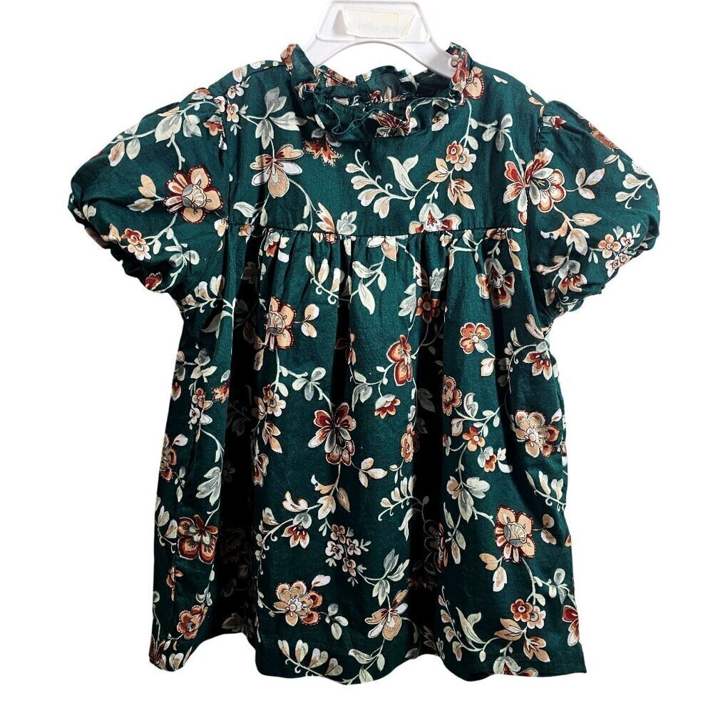 Janie and Jack Floral Puff Slv Top Girls 8 Ruffle Collar Pink on Green Cotton